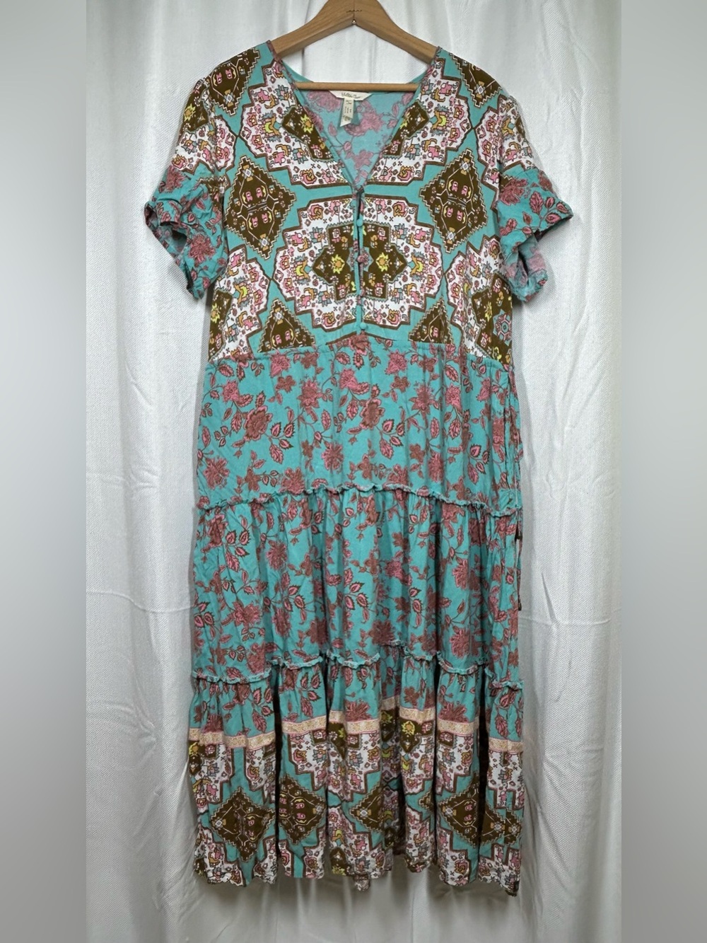 Matilda Jane Down To Earth Dress Teal Brown Size Large Boho Tiered Pockets - Picture 2 of 10